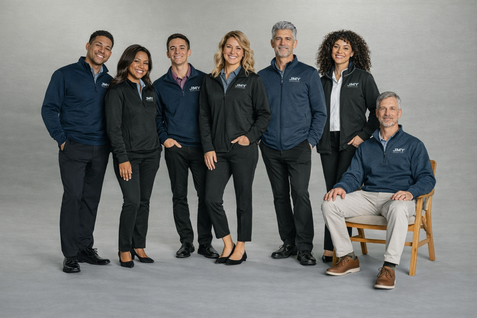 Professional business team wearing custom embroidered JMY Fabrication branded apparel