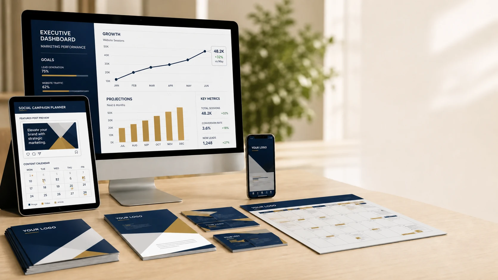 Marketing goals and projections dashboard with social media campaign planner