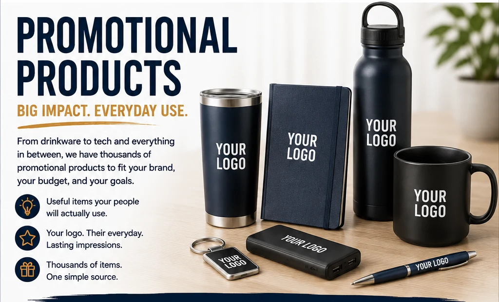 Promotional products including drinkware, notebooks, pens, chargers and gifts
